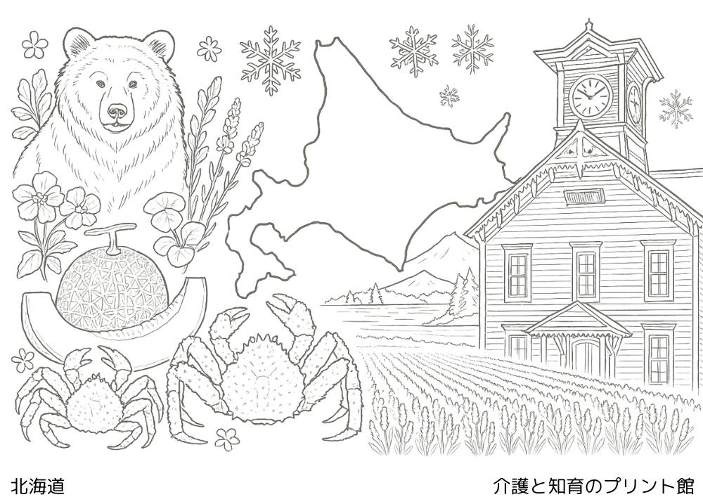 北海道の塗り絵。ラベンダー畑、札幌時計台、ヒグマ、夕張メロン、タラバガニ、知床の自然、雪の結晶、北海道地図が描かれた高齢者向けの塗り絵