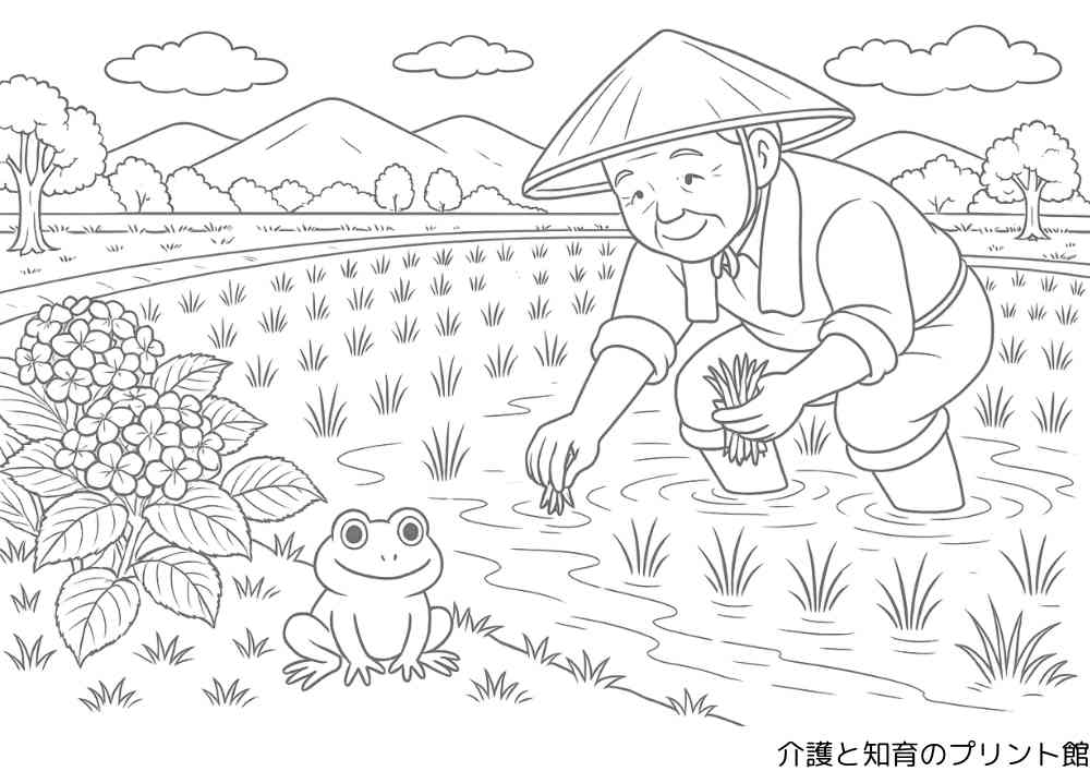 6月の塗り絵　田植え　介護と知育のプリント館