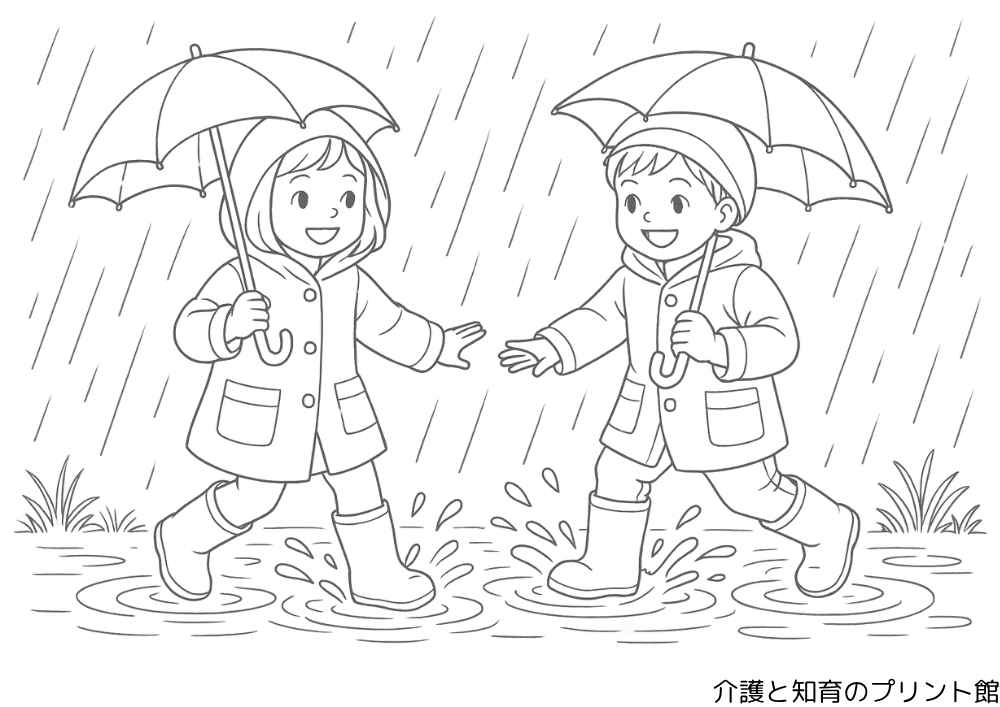 カサを持った小学生の男の子と女の子が長靴で水たまりではしゃぐ、雨の中の風景を描いた高齢者向け6月の塗り絵。