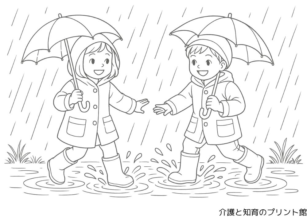 カサを持った小学生の男の子と女の子が長靴で水たまりではしゃぐ、雨の中の風景を描いた高齢者向け6月の塗り絵。