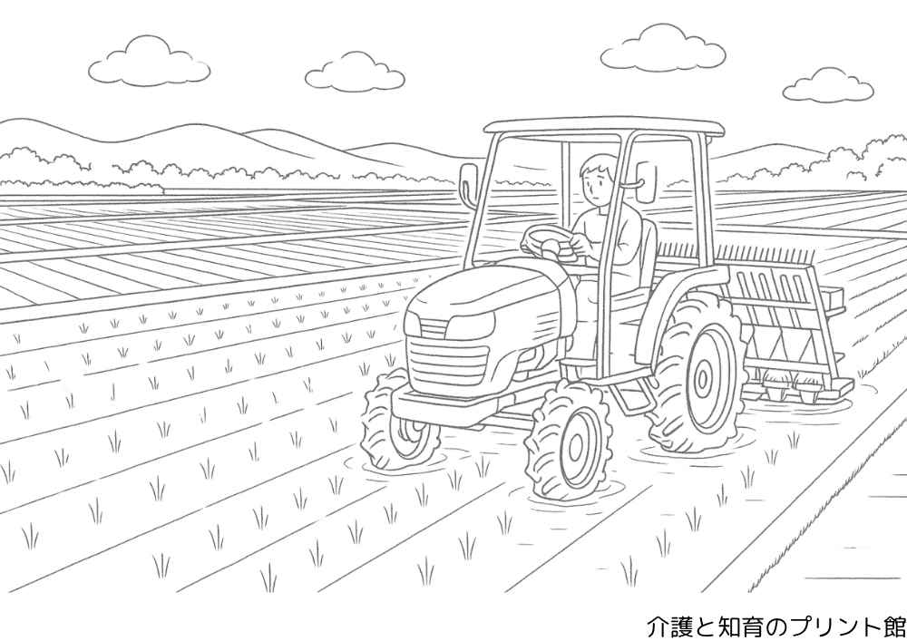 ６月の無料塗り絵、トラクターで田植えをしている高齢者向けの無料塗り絵。病院・施設で活用してみてください。