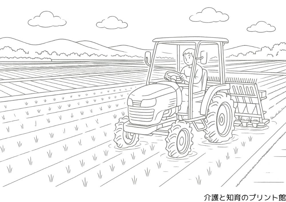 6月の季節の塗り絵、自然豊かな田んぼで田植えをする。病院・施設の高齢者向け無料塗り絵