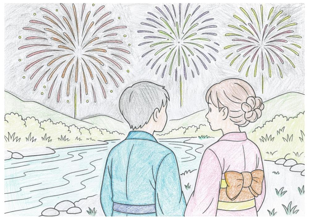 河川敷で花火を見ている8月の塗り絵の見本です。浴衣や花火の色など個性豊かに塗ってみてください。