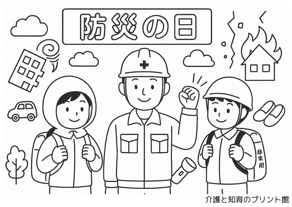 防災の日をテーマにヘルメットや防災グッズを持つ人々の塗り絵。高齢者の防災に役立つ準備品リスト付き