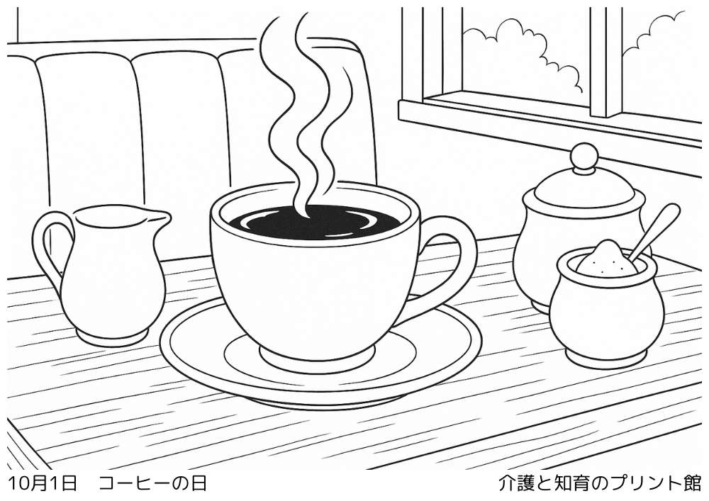 10月1日 コーヒーの日にちなんだ無料塗り絵 喫茶店とコーヒーカップの風景