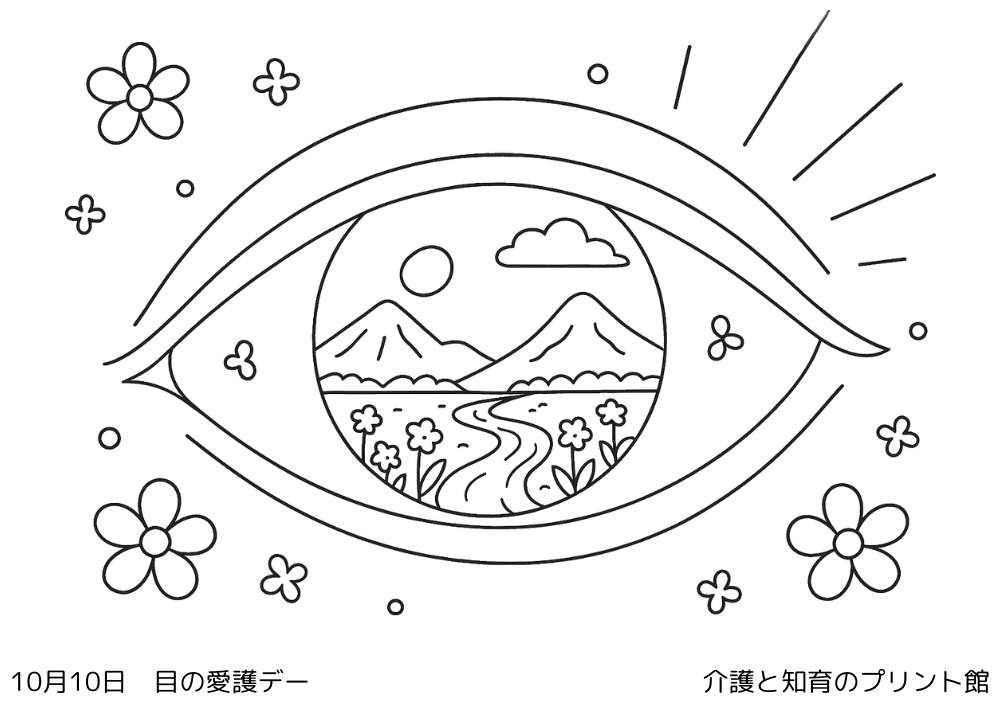 10月10日 目の愛護デーにちなんだ無料」塗り絵　きれいな瞳の中に山や川のきれいな風景が映っている。