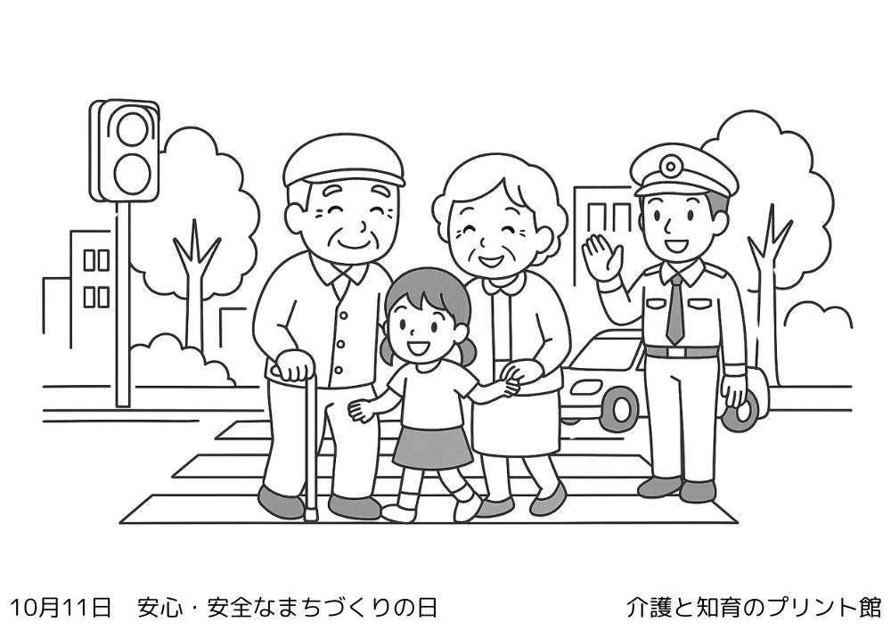 10月11日 安全・安心なまちづくりの日にちなんだ無料塗り絵 横断歩道を渡る子どもと警察官
