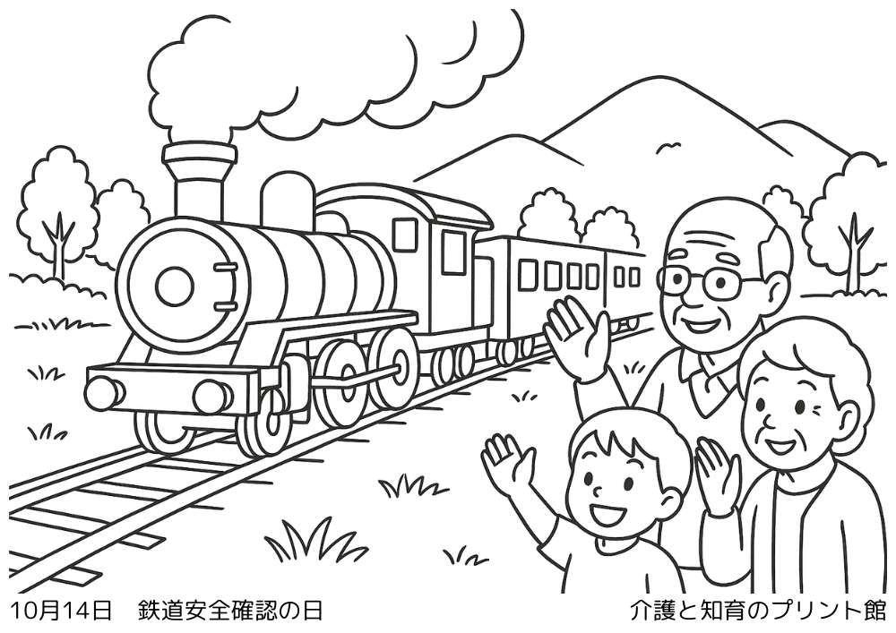 10月14日 鉄道の日にちなんだ無料塗り絵 蒸気機関車と汽車に手を振る家族の風景