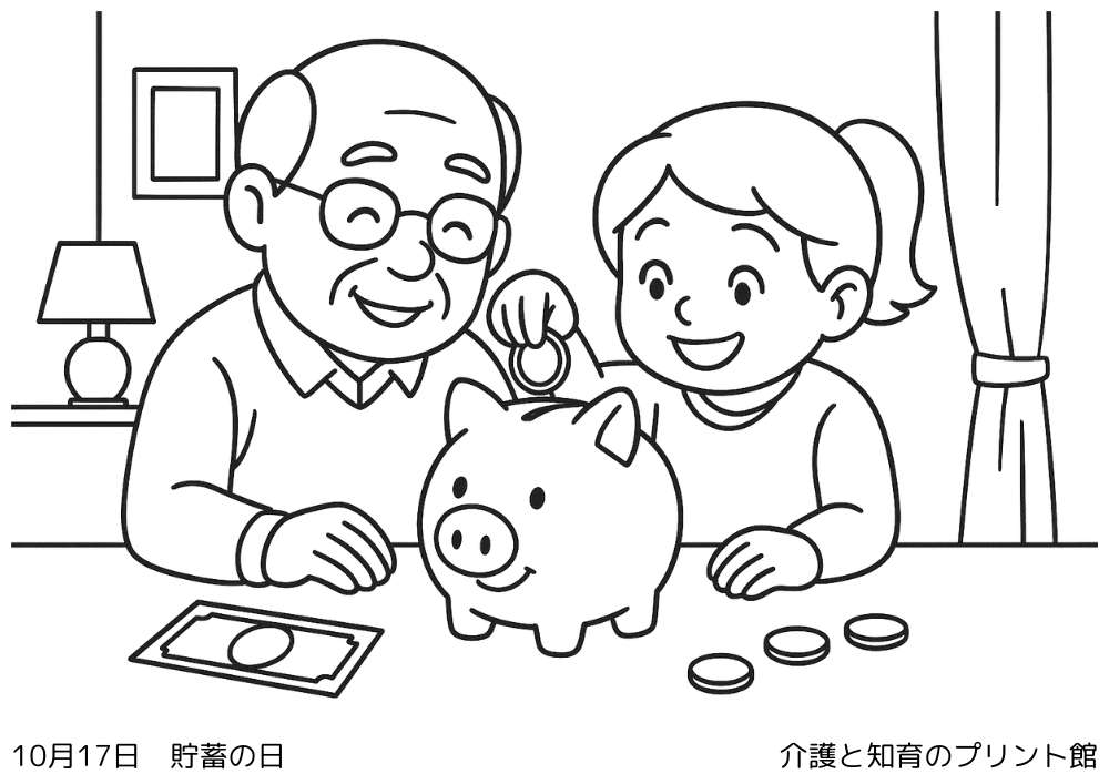10月17日 貯蓄の日にちなんだ無料塗り絵 貯金箱にお金を入れる孫と祖父母