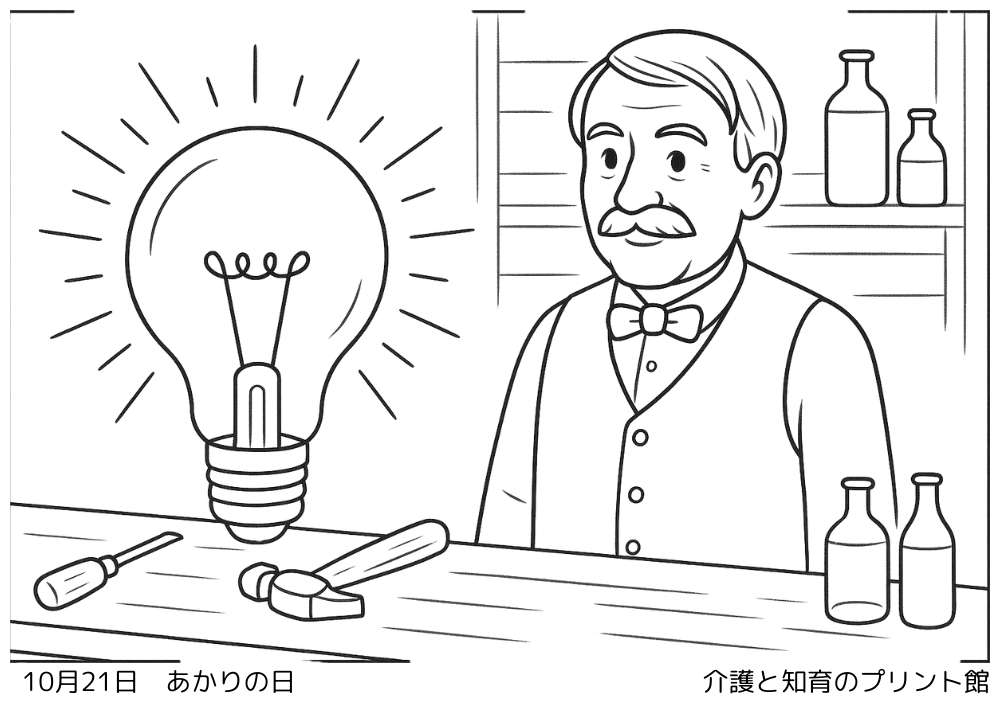 10月21日 あかりの日にちなんだ無料塗り絵 エジソンと白熱電球"
