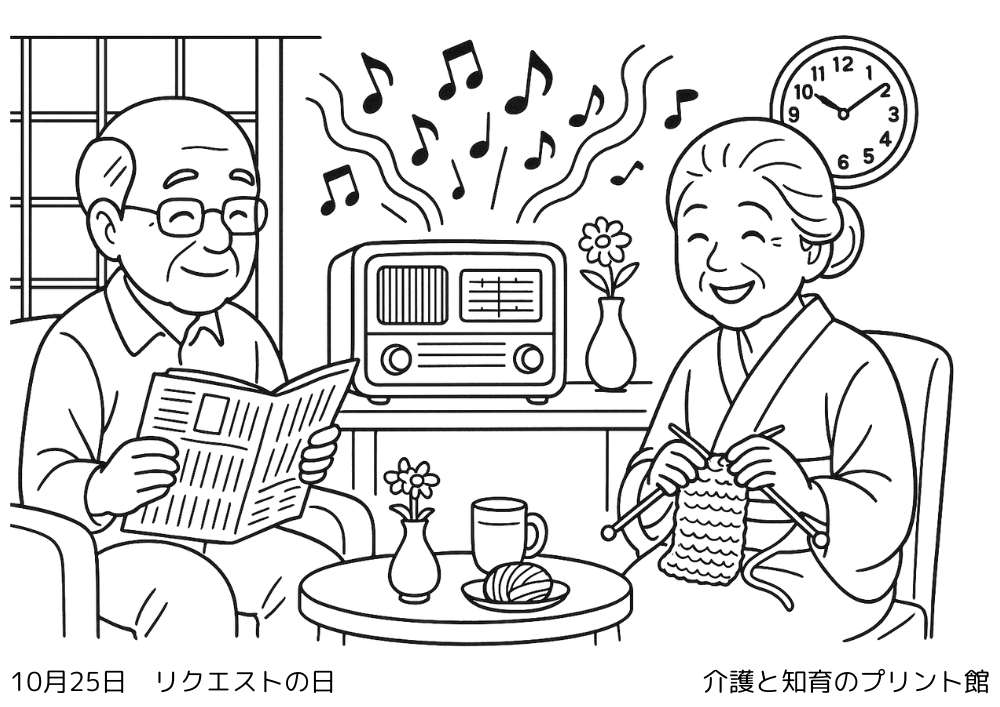 10月25日リクエストの日にちなんだ無料塗り絵 昭和のラジオと家族"