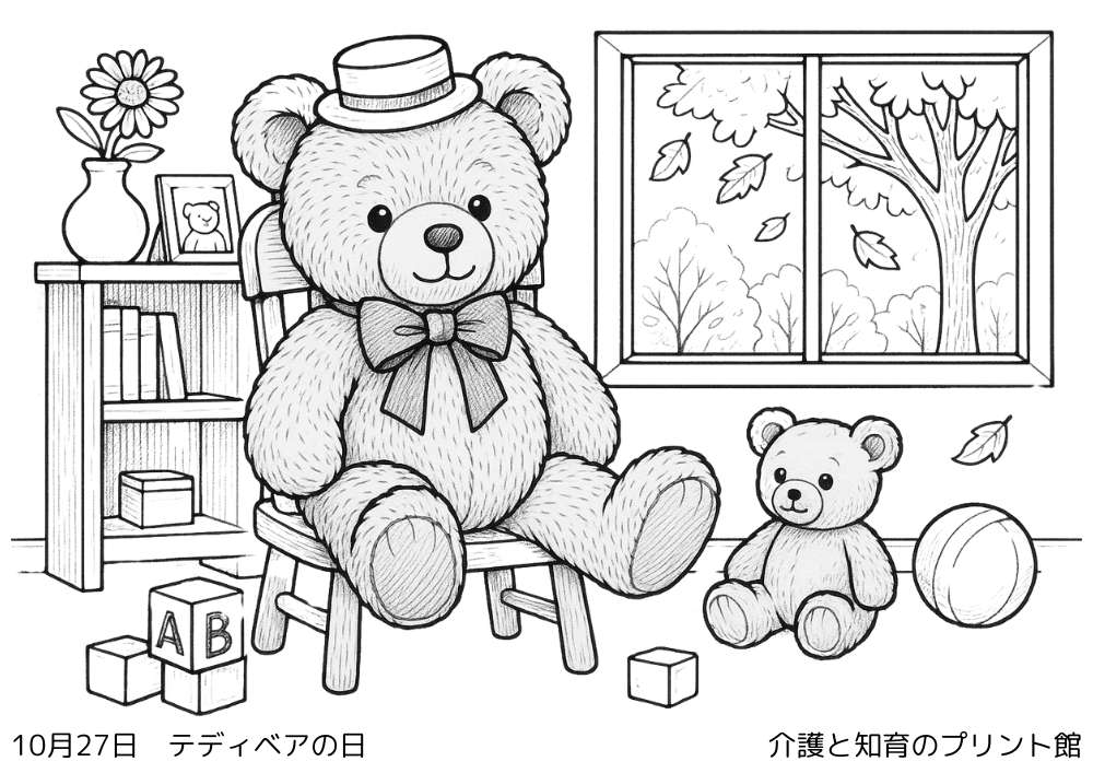 10月27日 テディベアの日にちなんだ無料塗り絵 椅子に座った大きなテディベアとおもちゃ