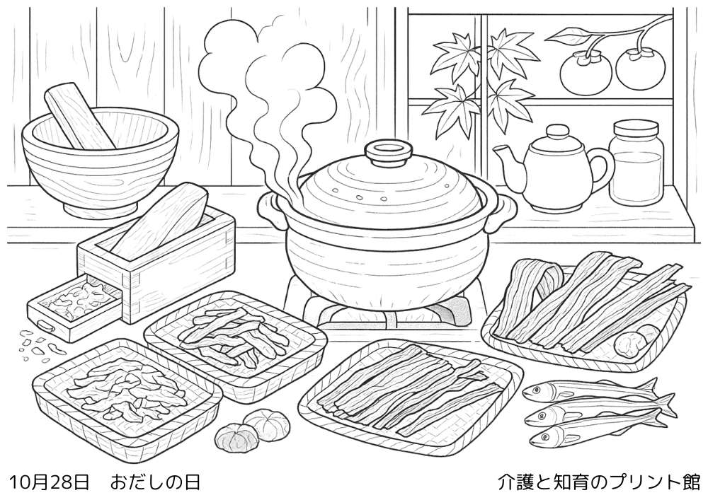 10月28日 おだしの日にちなんだ無料塗り絵 土鍋と昆布や鰹節
