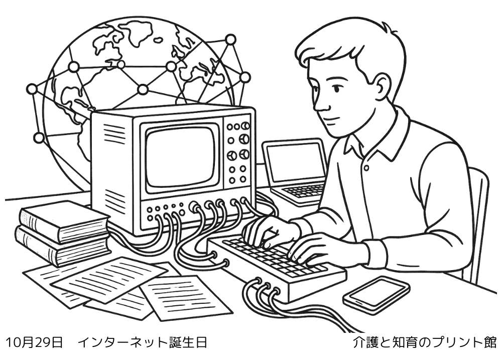 10月29日 インターネットの日にちなんだ無料塗り絵 古いコンピューターと現代のノートPC