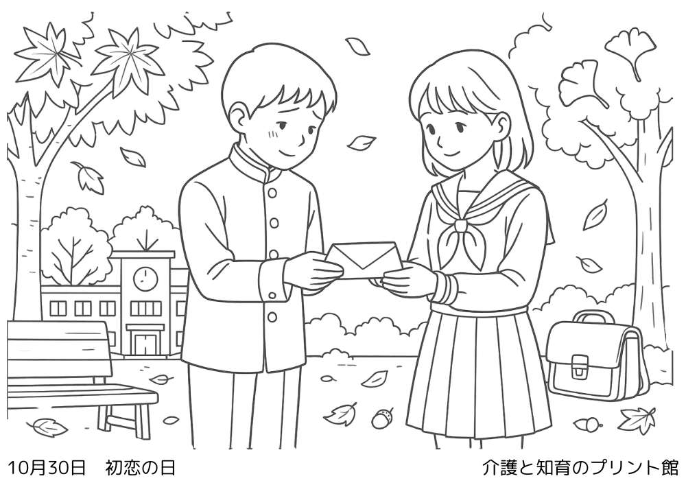 10月30日 初恋の日にちなんだ無料塗り絵 学ランの少年とセーラー服の少女 秋の校舎風景