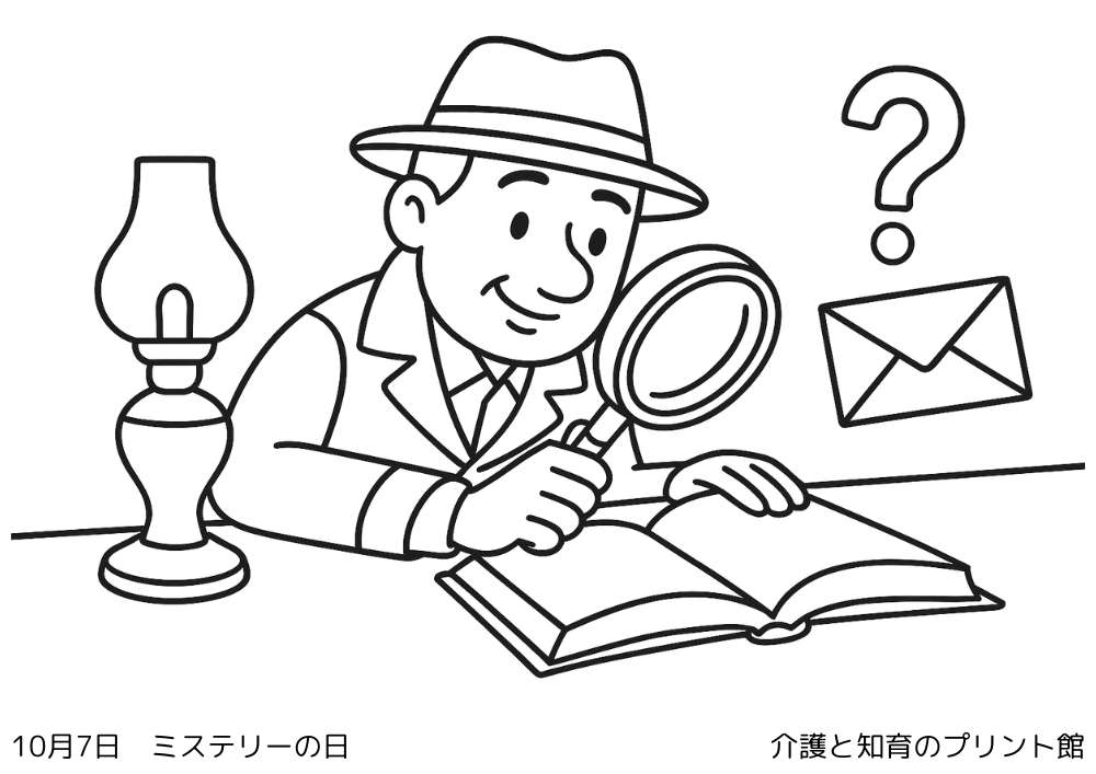10月7日 ミステリー記念日にちなんだ無料塗り絵 探偵と虫眼鏡と古い洋書