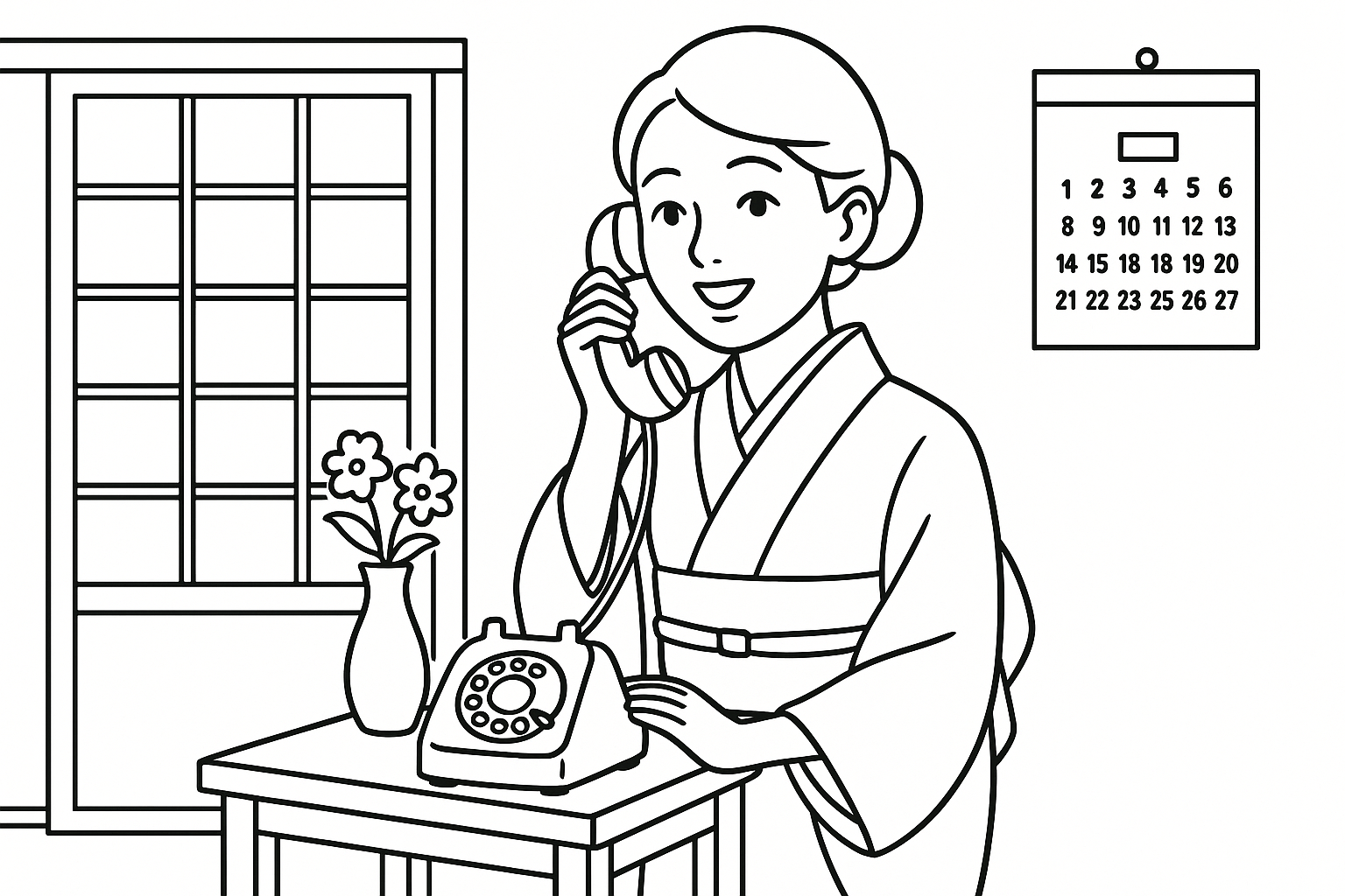 10月23日 電信電話記念日にちなんだ無料塗り絵 黒電話と着物姿の女性