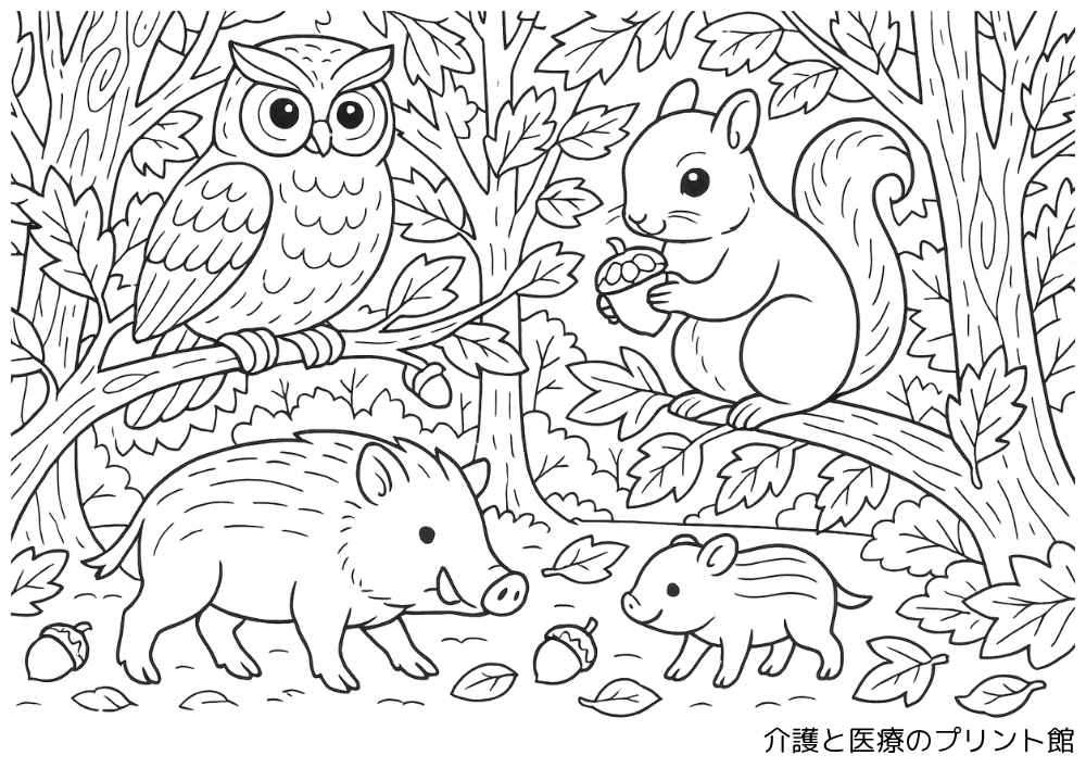 10月におすすめの高齢者向け塗り絵｜秋の森でリス、フクロウ、イノシシの親子が描かれた秋の動物たち