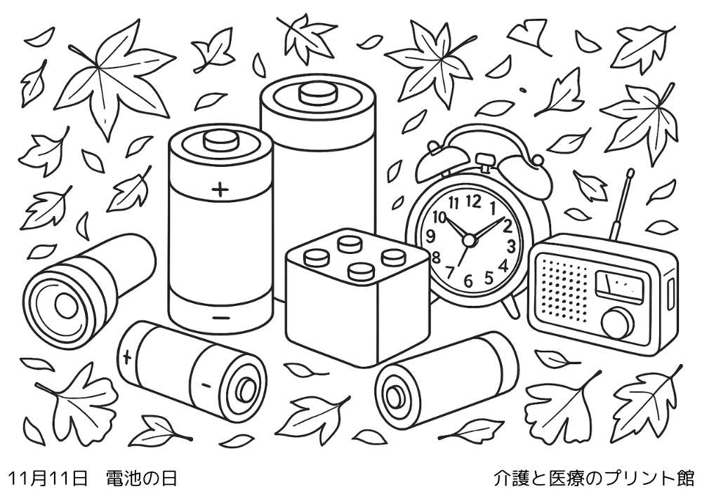 11月11日今日は何の日？電池の日の高齢者向け塗り絵（乾電池や懐中電灯・ラジオなど暮らしの道具）
