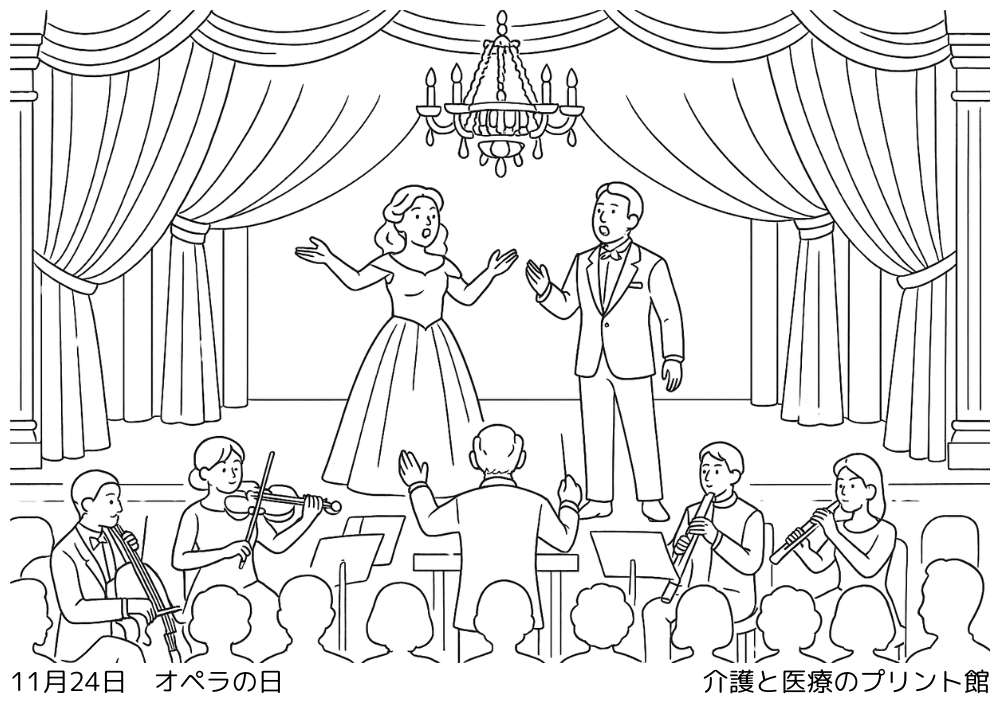 11月24日オペラの日の高齢者向け塗り絵（舞台で歌うオペラ歌手と観客のシルエット）