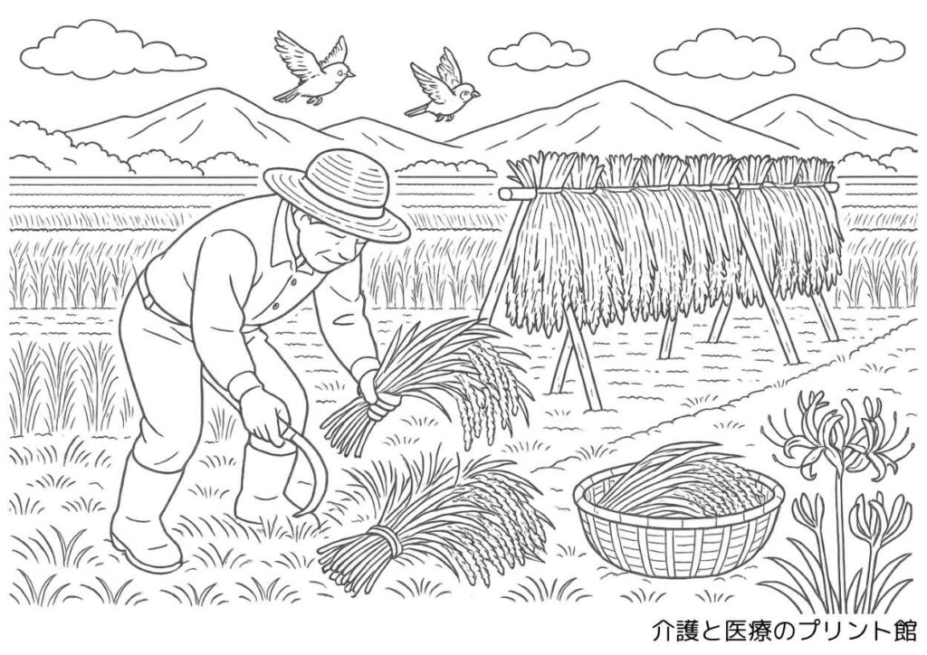 農夫が鎌で稲を刈り取り、束ねた稲を干す稲刈り風景の塗り絵。田んぼと山並み、彼岸花や飛ぶスズメが描かれた10月の高齢者向け季節のぬりえ。