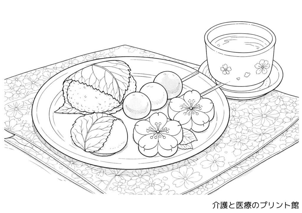 春の和菓子（いちご大福・三色団子・桜の和菓子）とお茶の塗り絵