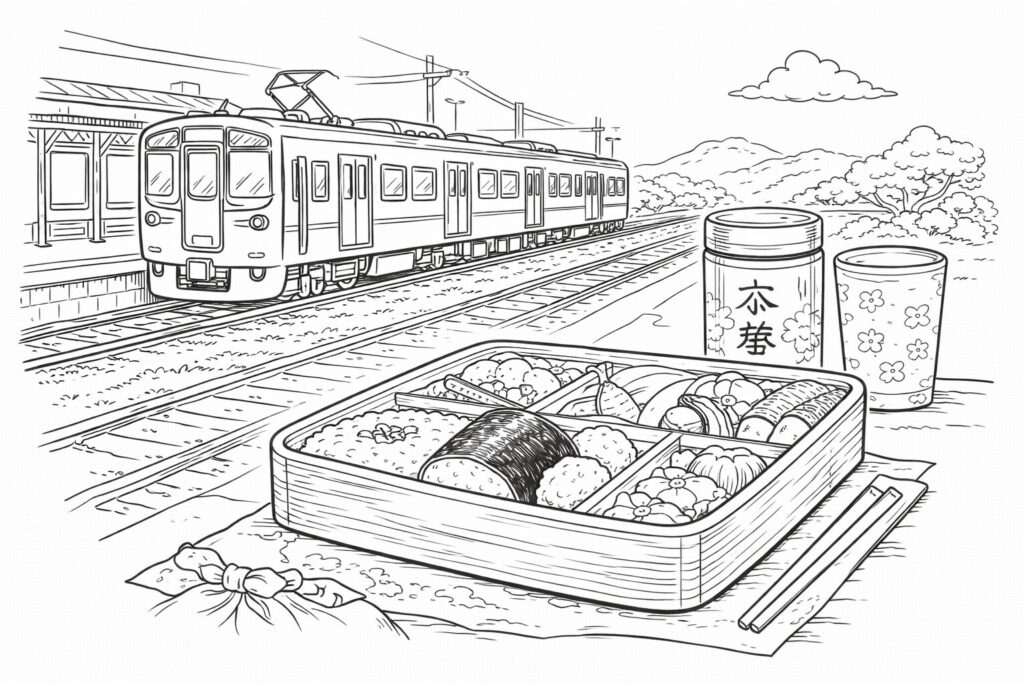 4月10日駅弁の日の塗り絵 お弁当と電車の風景 高齢者向け線画