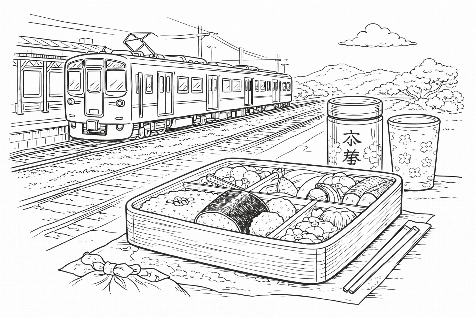 4月10日駅弁の日の塗り絵 お弁当と電車の風景 高齢者向け線画