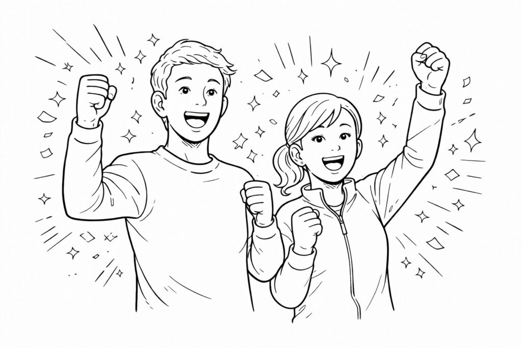 ガッツポーズをして喜ぶ人物と花のイラストの高齢者向け塗り絵（4月11日ガッツポーズの日）