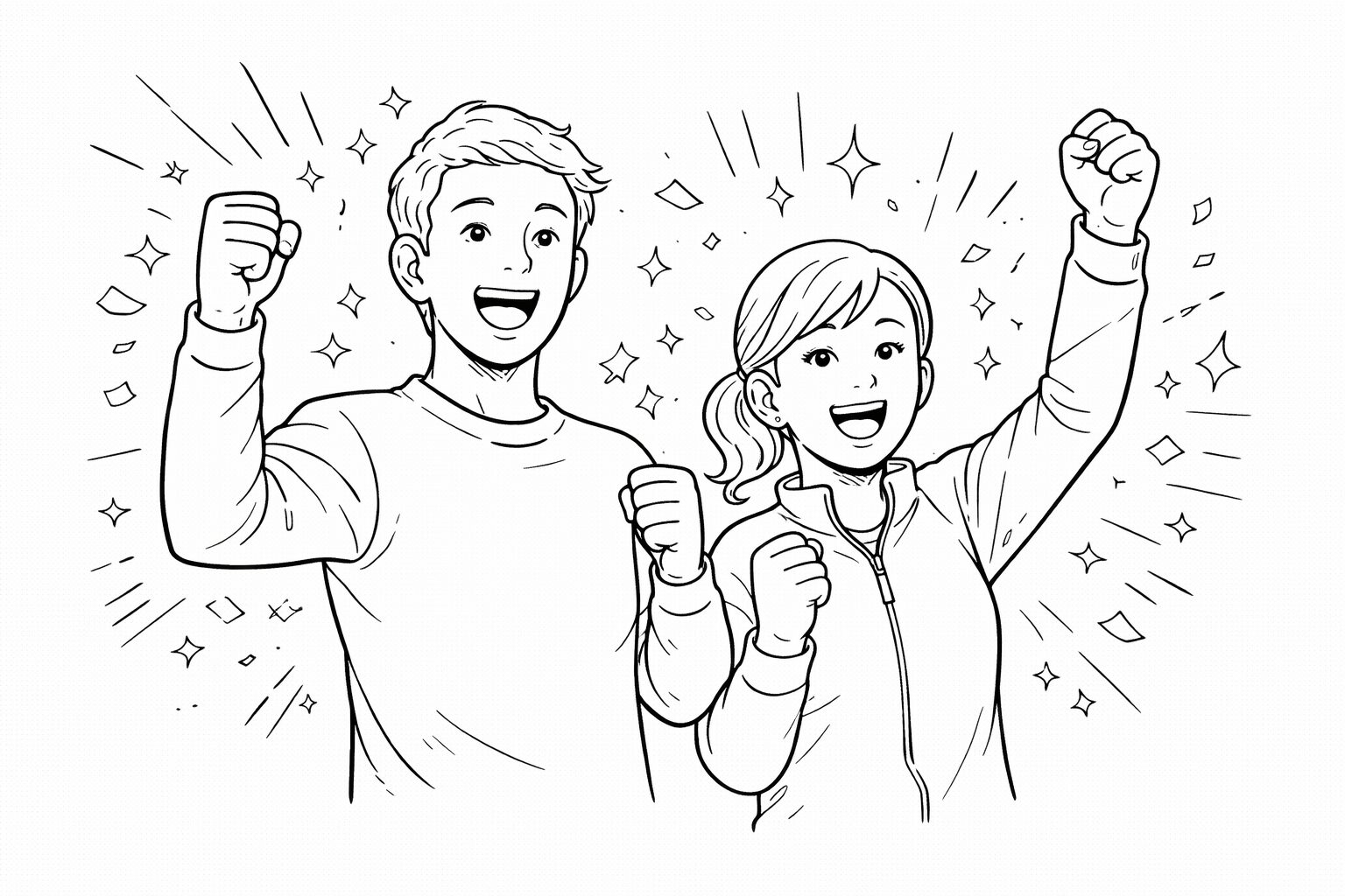 ガッツポーズをして喜ぶ人物と花のイラストの高齢者向け塗り絵（4月11日ガッツポーズの日）