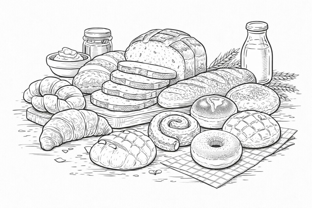 4月12日パンの日の塗り絵 食パン あんぱん メロンパンなどが並ぶ高齢者向け線画