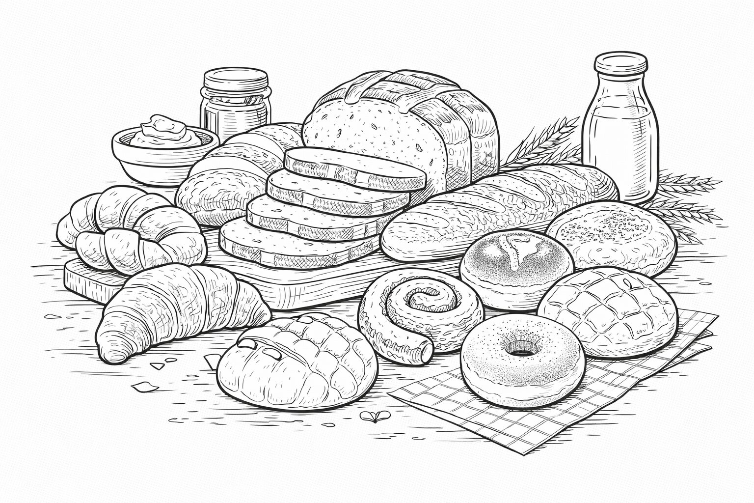 4月12日パンの日の塗り絵 食パン あんぱん メロンパンなどが並ぶ高齢者向け線画