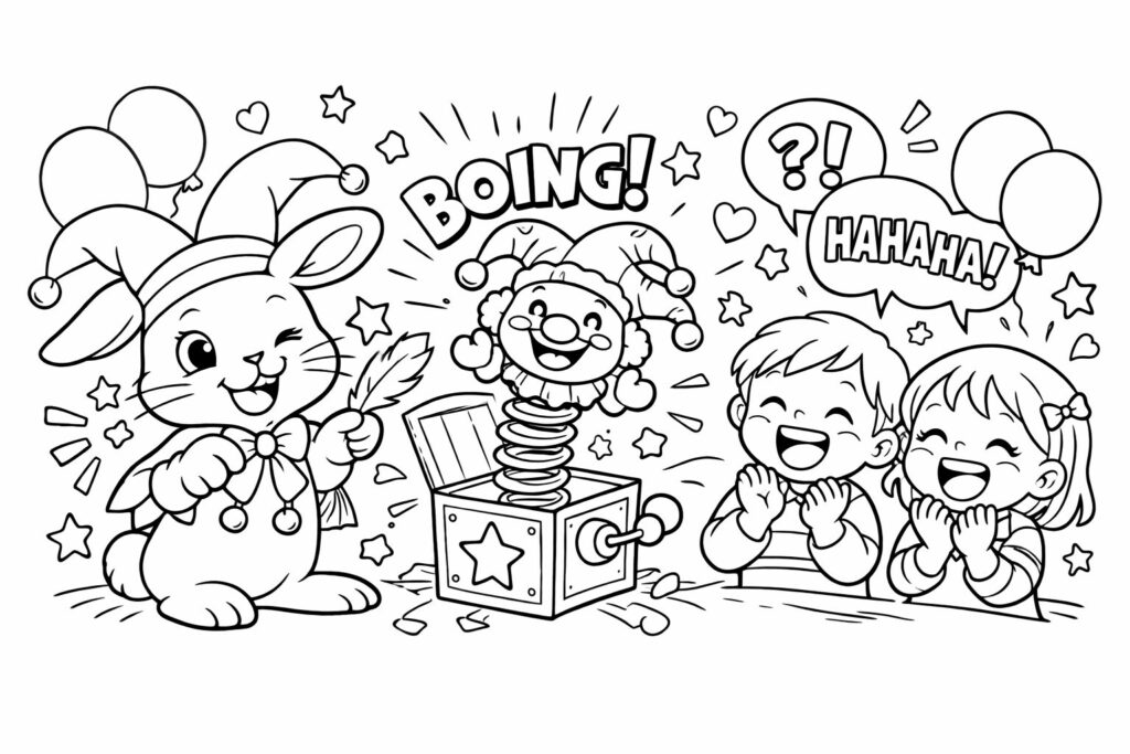 4月1日エイプリルフールの塗り絵 びっくり箱と笑顔の子ども 春の高齢者向け線画