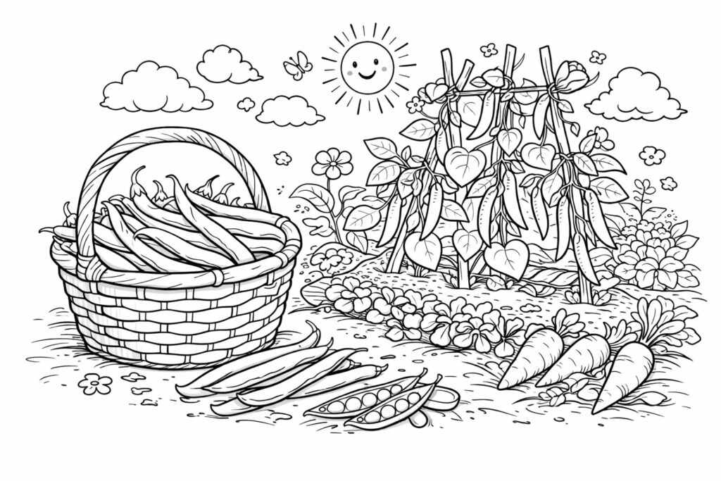 4月3日のいんげん豆の塗り絵 畑と収穫かごの野菜 高齢者向け線画
