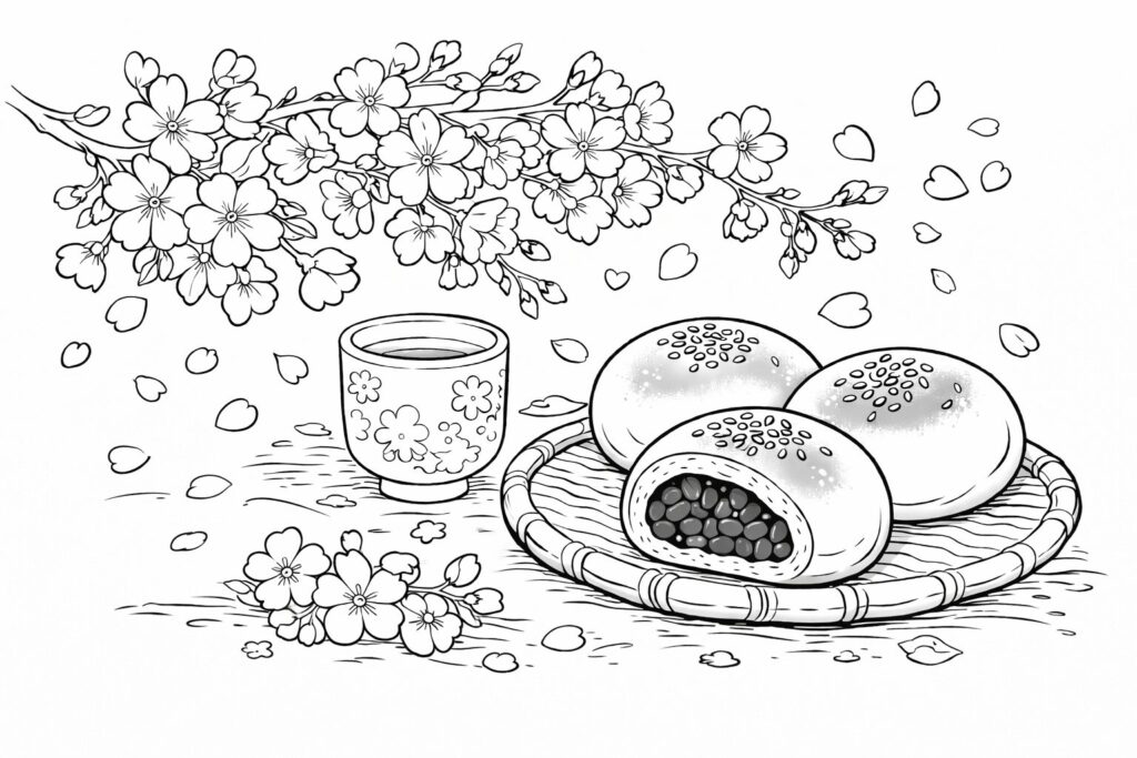 4月4日あんぱんの日の塗り絵 桜とあんぱん 和菓子皿と湯のみ 高齢者向け線画