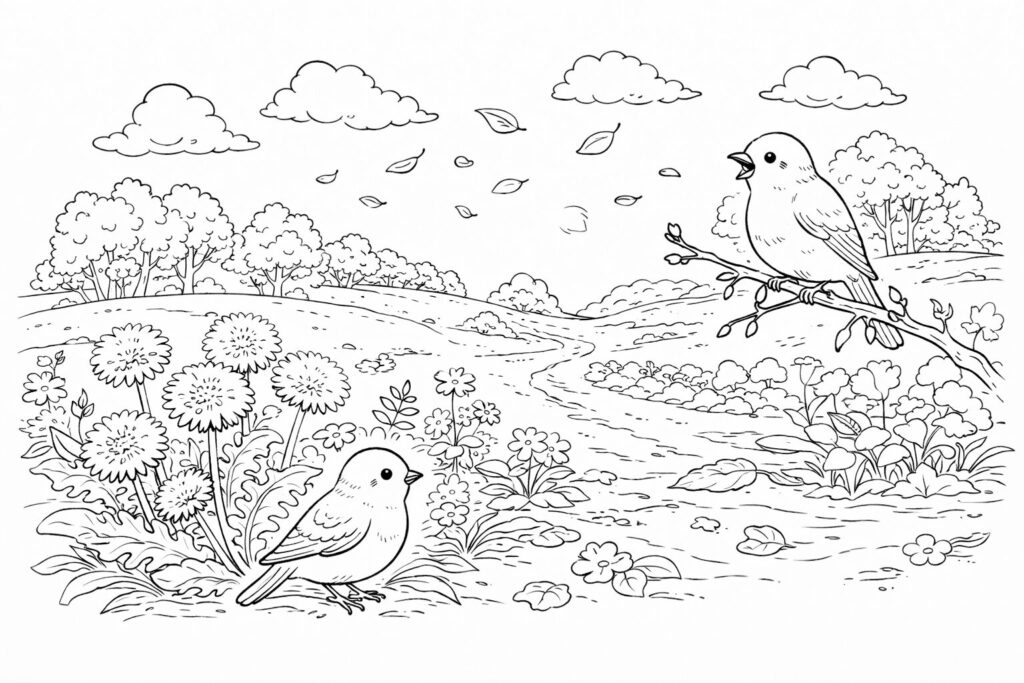 4月5日清明の塗り絵 春の野原とたんぽぽ 小鳥と草花 高齢者向け線画