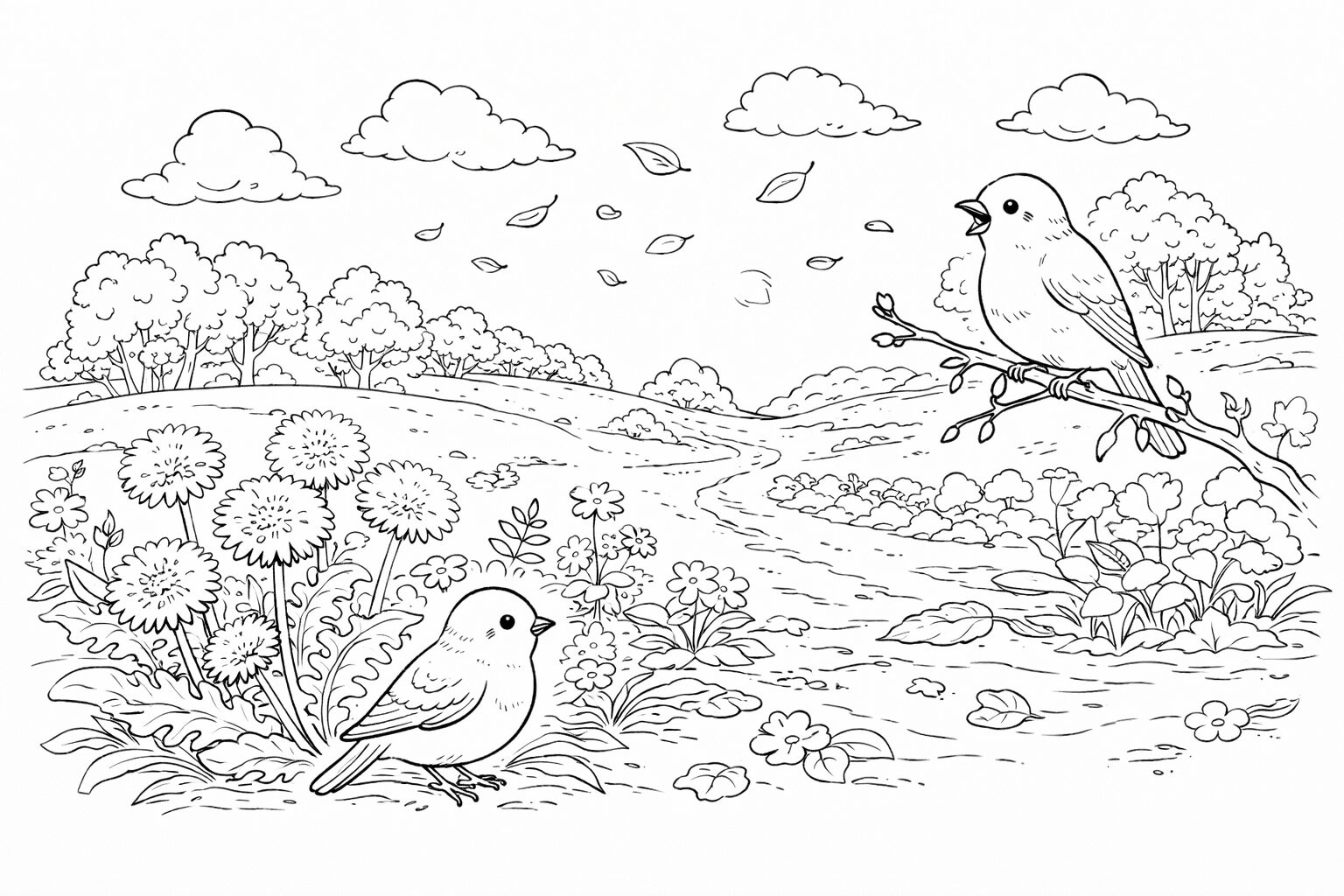 4月5日清明の塗り絵 春の野原とたんぽぽ 小鳥と草花 高齢者向け線画