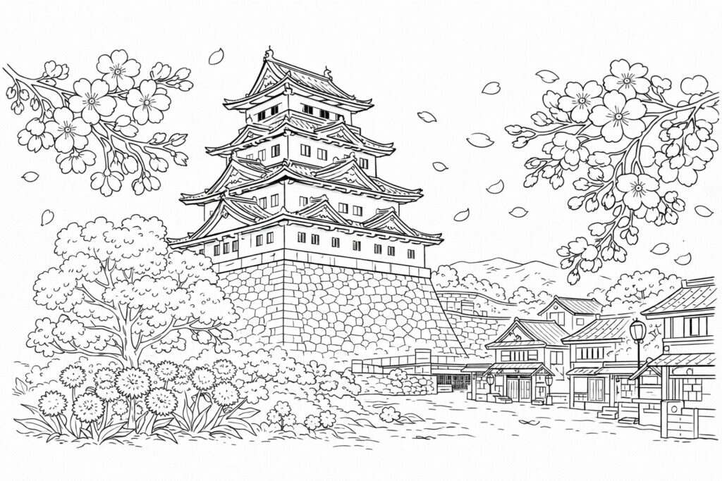 4月6日城の日の塗り絵 日本のお城と桜 春の風景 高齢者向け線画