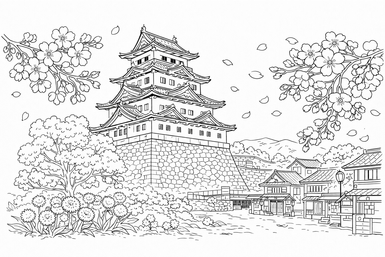 4月6日城の日の塗り絵 日本のお城と桜 春の風景 高齢者向け線画