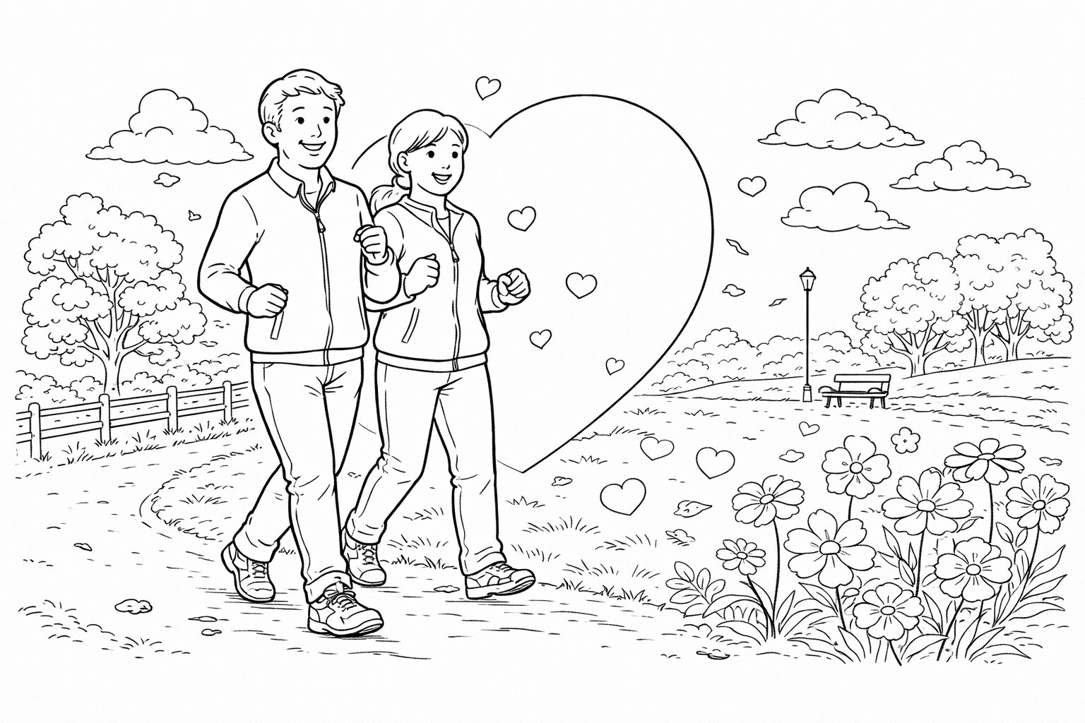 ４月７日の世界保健デーの塗り絵 春の公園を散歩する人物と花 高齢者向け線画