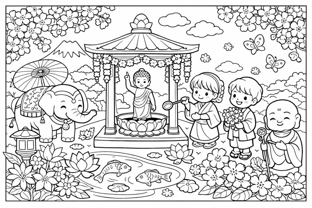 4月8日の花祭りの塗り絵 花御堂と春の花 お釈迦さまの誕生を祝う風景 高齢者向け線画