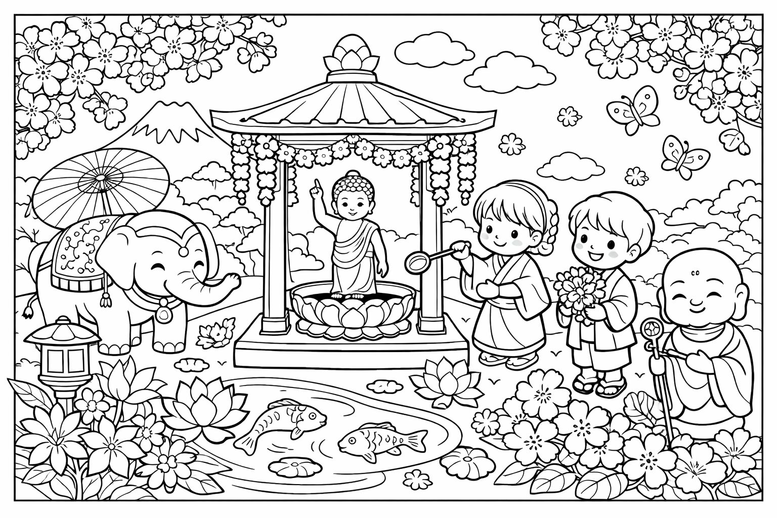 4月8日の花祭りの塗り絵 花御堂と春の花 お釈迦さまの誕生を祝う風景 高齢者向け線画