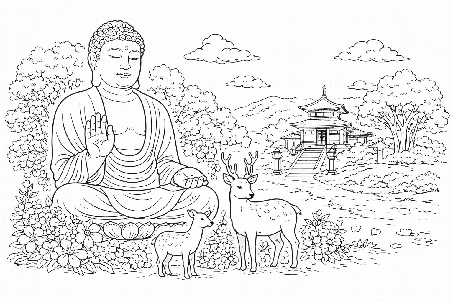4月9日大仏の日の塗り絵 奈良の大仏とお寺 鹿と自然の風景 高齢者向け線画