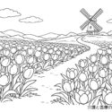 チューリップと風車小屋の塗り絵