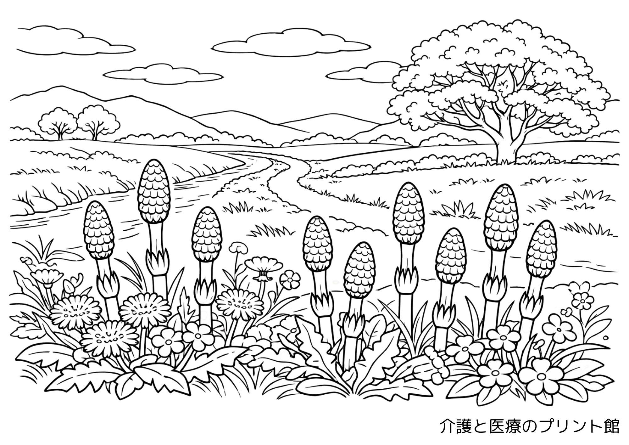 春の土手に並ぶ土筆とたんぽぽ、小川や丘のある懐かしい風景の高齢者向け塗り絵