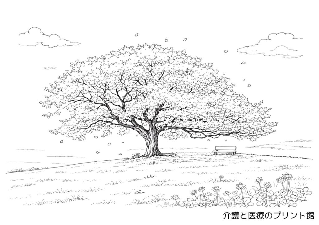高齢者向けの桜の木の塗り絵無料プリント。丘の上に大きく広がる桜の木とベンチ、草花、舞う花びらが描かれた春らしい線画。