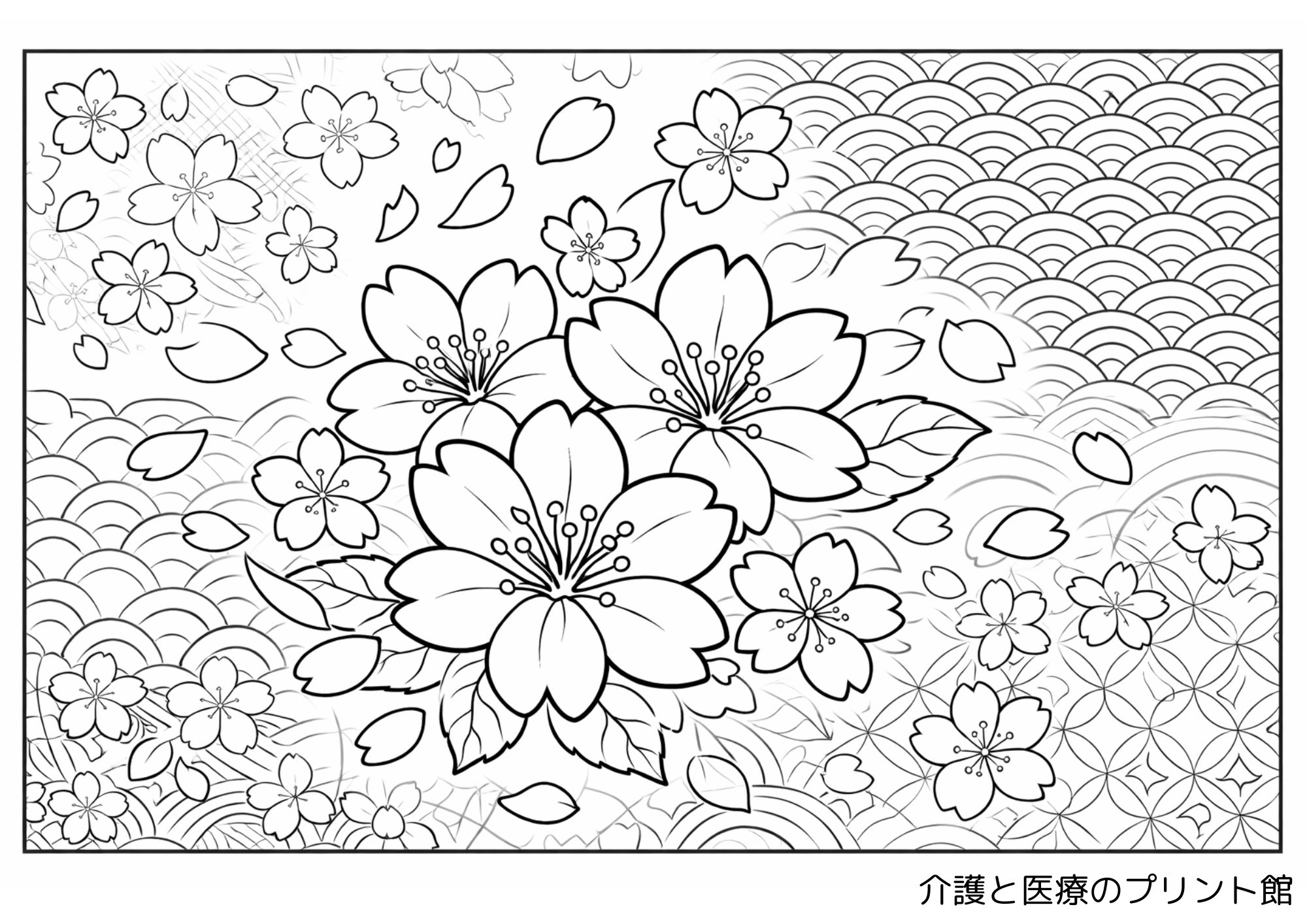 高齢者向けの桜柄の塗り絵無料プリント。大きな桜の花と小さな桜、舞う花びら、青海波や七宝柄のような和風模様が描かれた春らしい線画。