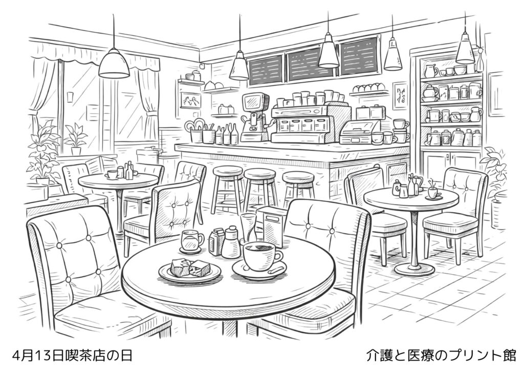 4月13日喫茶店の日の塗り絵 コーヒーカップとテーブル レトロな喫茶店風景 高齢者向け線画