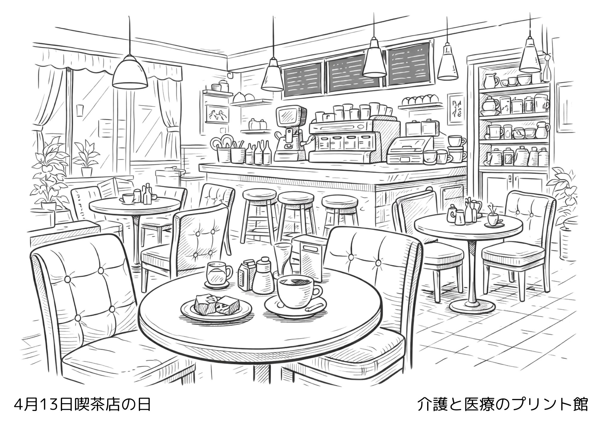 4月13日喫茶店の日の塗り絵 コーヒーカップとテーブル レトロな喫茶店風景 高齢者向け線画