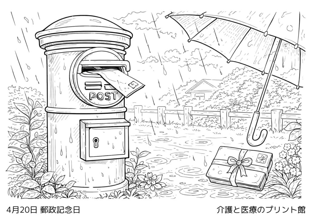 4月20日郵政記念日の塗り絵 ポストと手紙のイメージ 高齢者向け線画